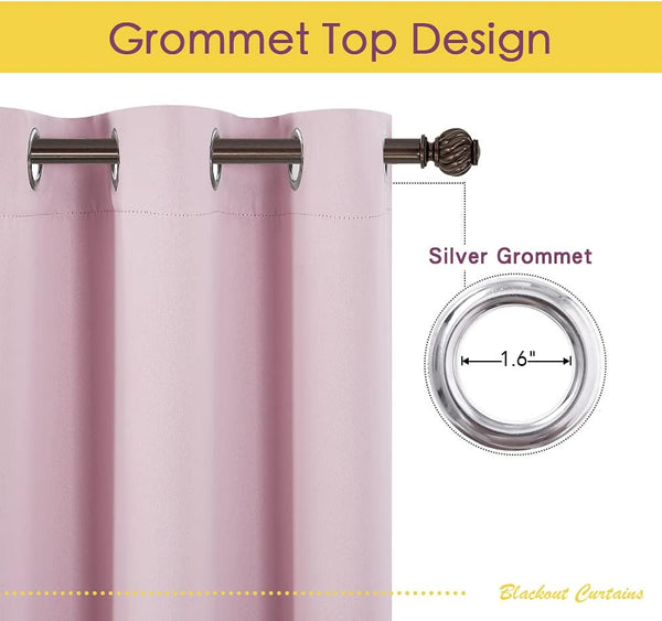 Blush pink blackout curtain panel featuring silver grommet top design on a dark decorative rod.