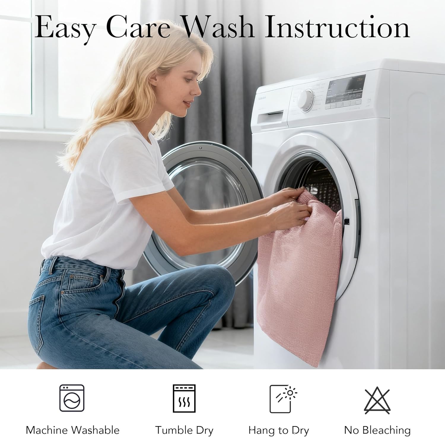 Woman placing a blush pink textured mat into a washing machine, highlighting easy care.