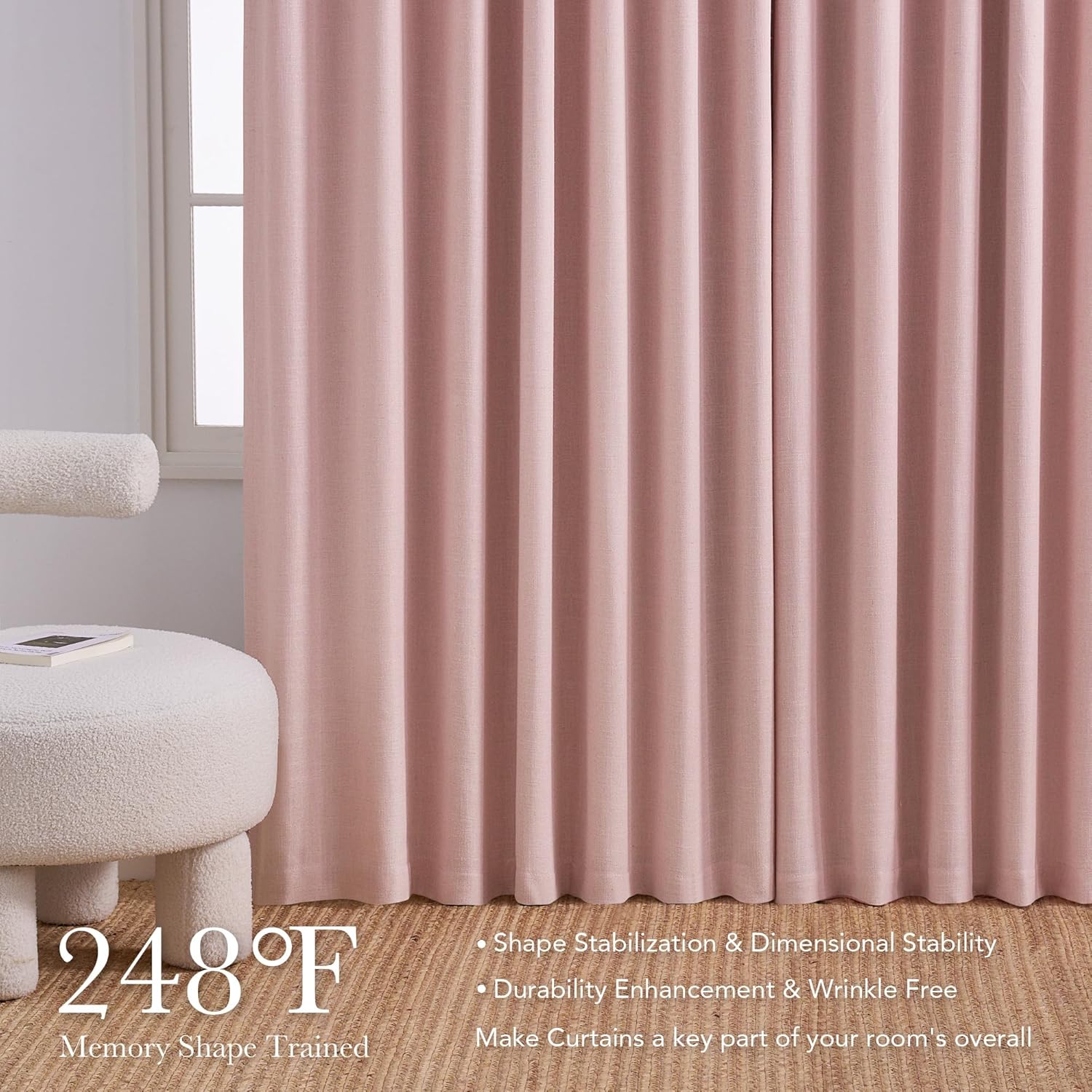 Soft blush pink textured curtains with elegant vertical memory pleats hanging beside a window.