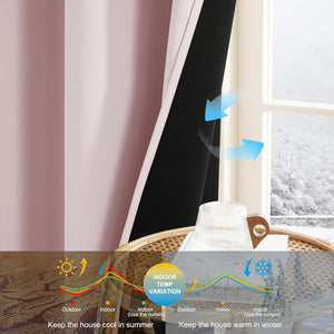 Blush pink thermal blackout curtains with black backing, visible by a window, emphasizing energy efficiency.