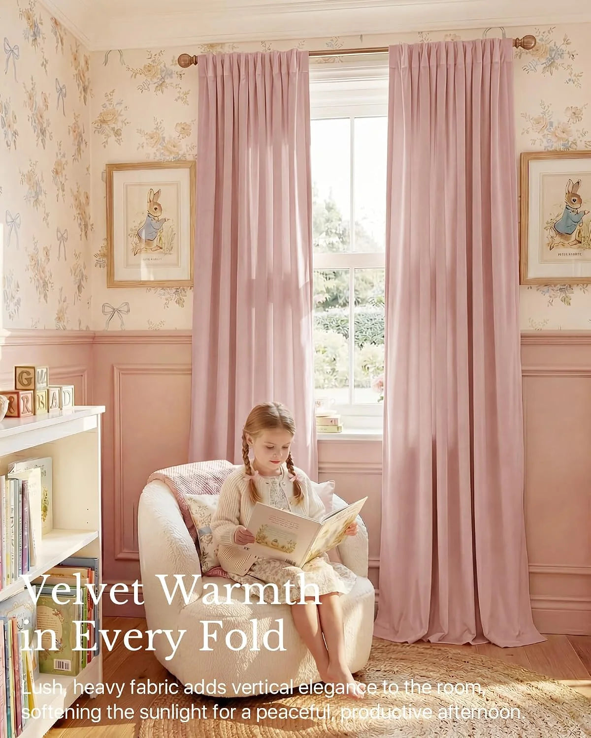Blush pink velvet curtains in a charming girls bedroom with a child reading by the window