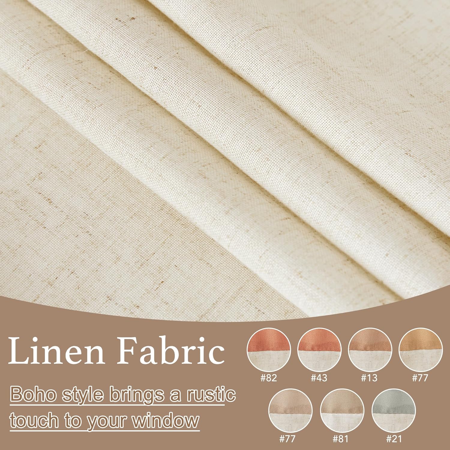 Natural light beige linen fabric close-up, featuring visible textured weave and subtle flecks, folded in a rustic boho style.