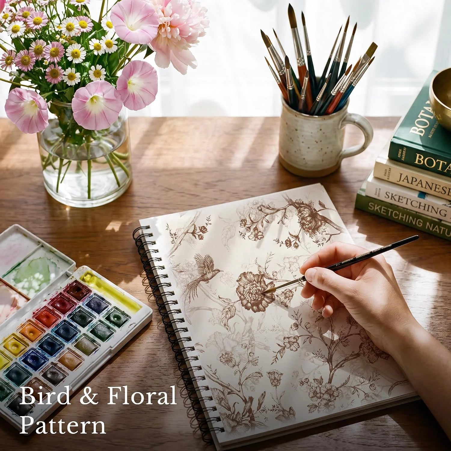Hand painting a bird and floral pattern in a sketchbook on a sunlit wooden desk
