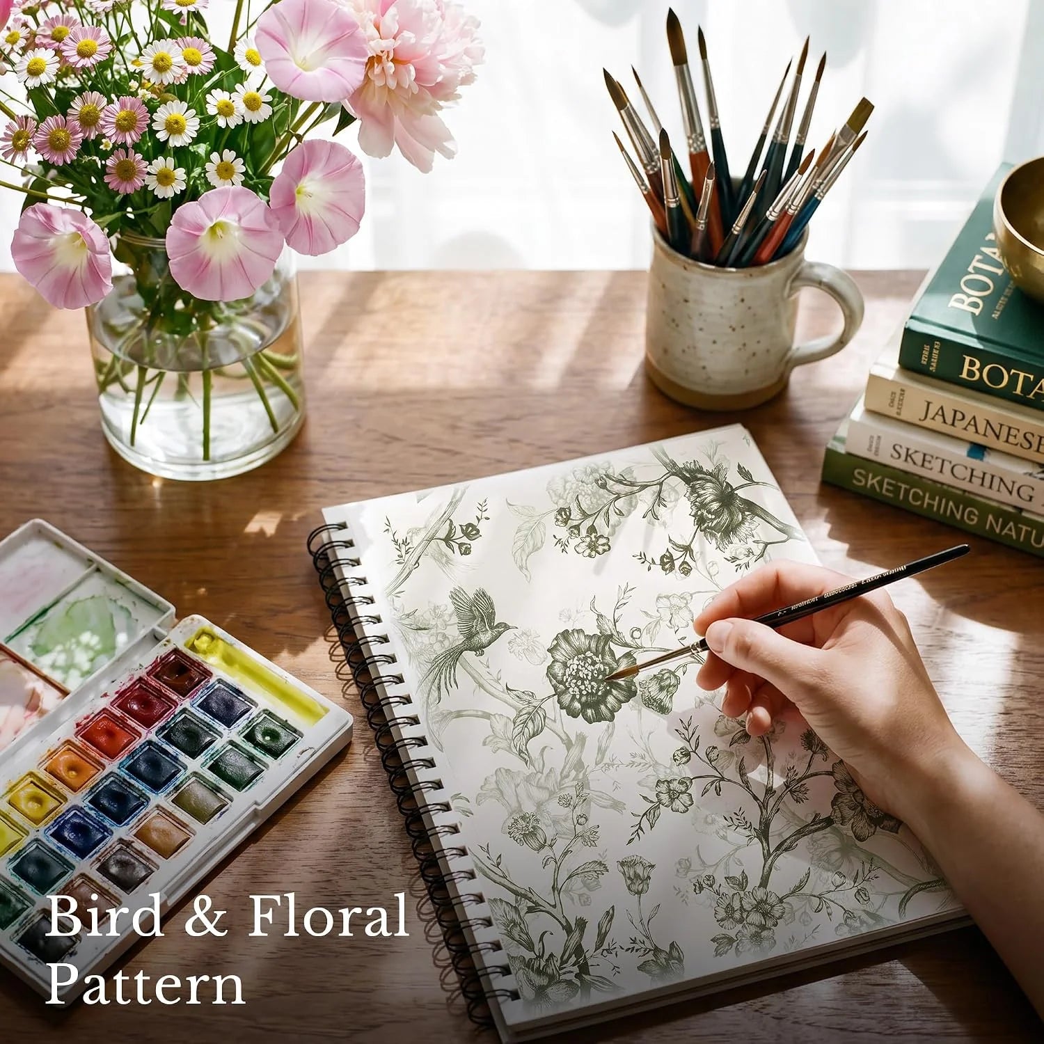 Hand painting a bird and floral sketch in a spiral notebook on a sunlit art desk