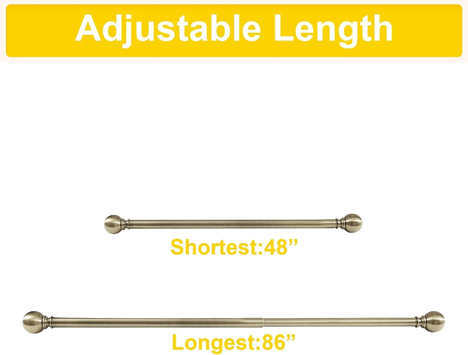 Adjustable brass curtain rod with ball finials shown at 48 and 86 inch lengths
