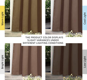 Bronze outdoor patio drapes showcasing color variations under warm, cool, bright, and low light.