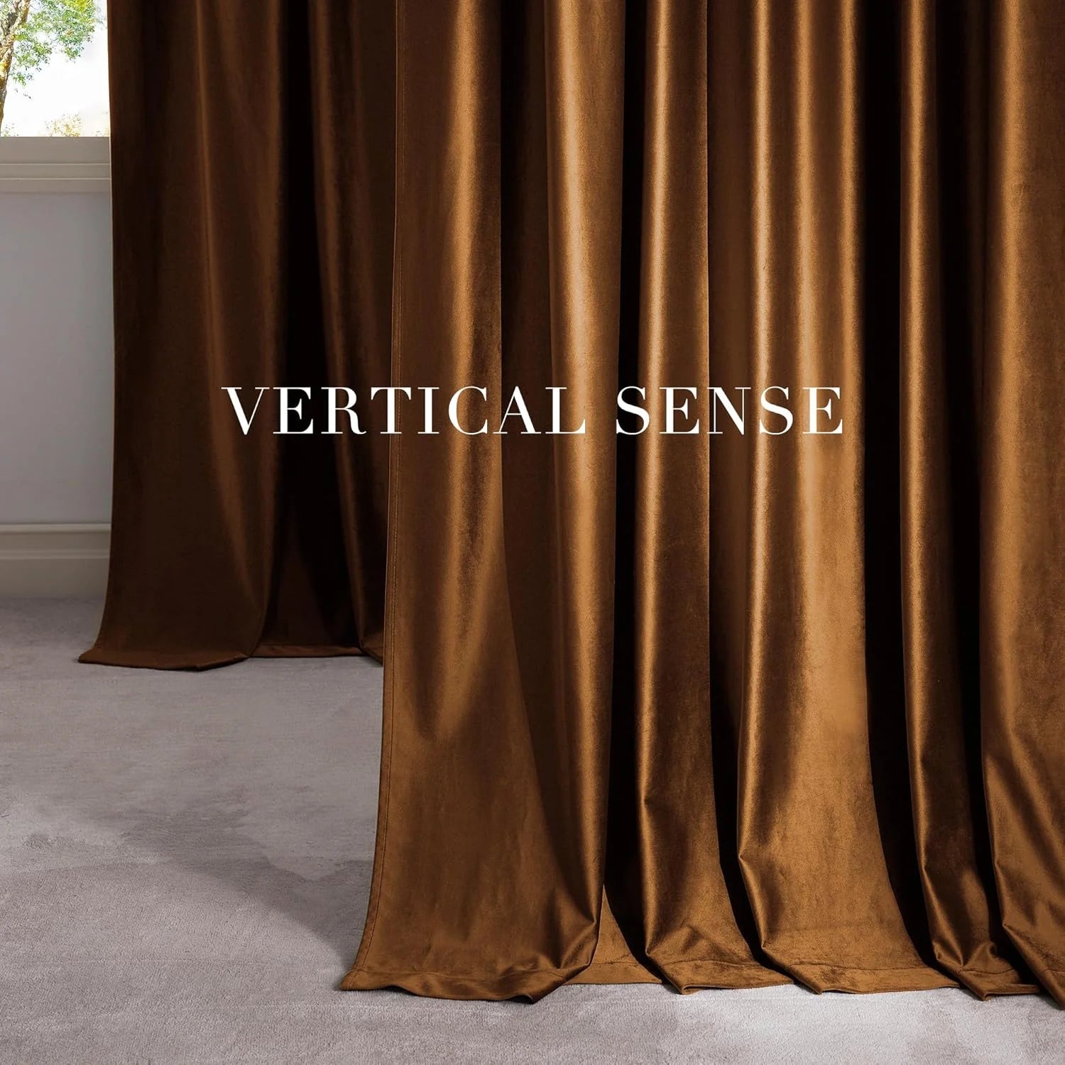 Bronze velvet curtains with soft vertical folds in a modern interior