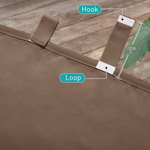 Close-up of a brown curtain strap featuring a 7-inch hook and loop fastener for adjustable tie-back.