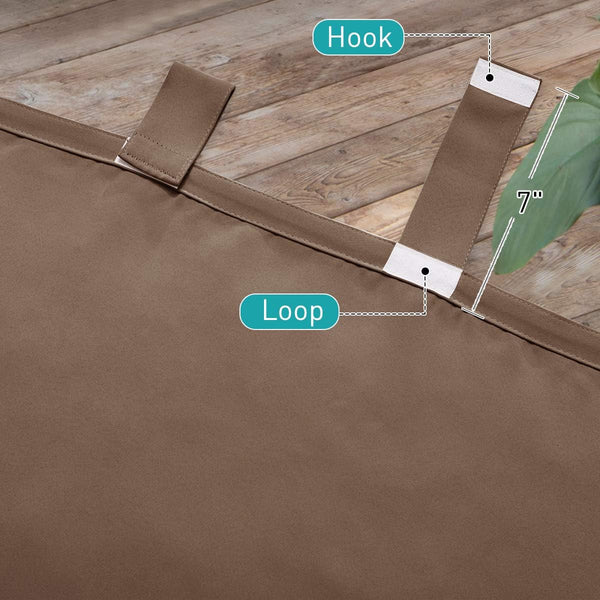 Close-up of a brown curtain strap featuring a 7-inch hook and loop fastener for adjustable tie-back.