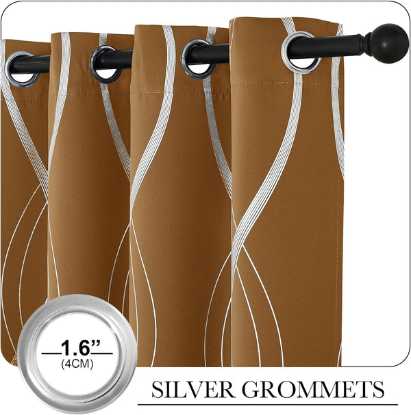 Brown abstract curtains with wavy silver lines and 1.6 inch silver grommets on a black rod.