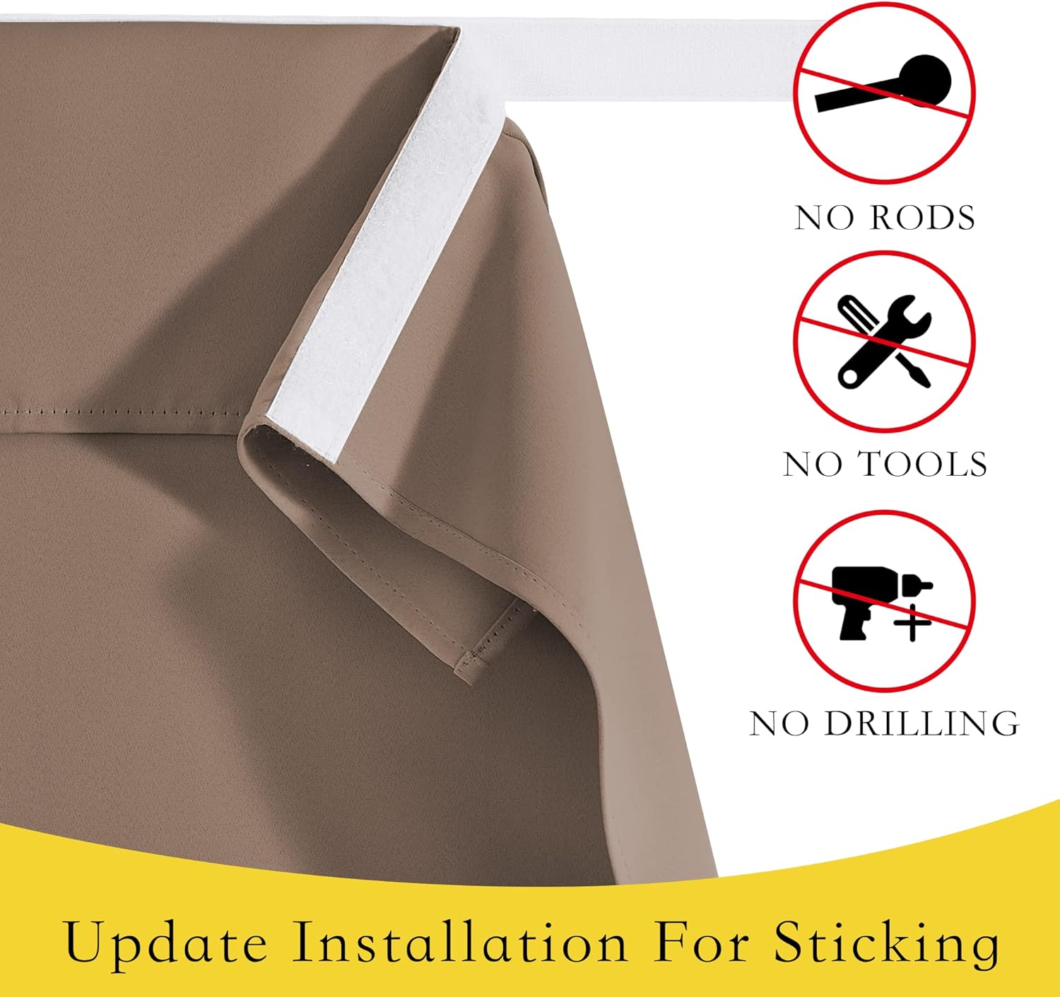 Close-up of brown fabric with white adhesive strip, highlighting simple no-drill, no-tool, stick-on installation.