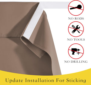 Close-up of brown fabric with white adhesive strip, highlighting simple no-drill, no-tool, stick-on installation.