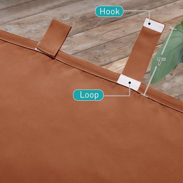 Close-up of rust brown fabric panel with a 7-inch hook-and-loop fastener strap.