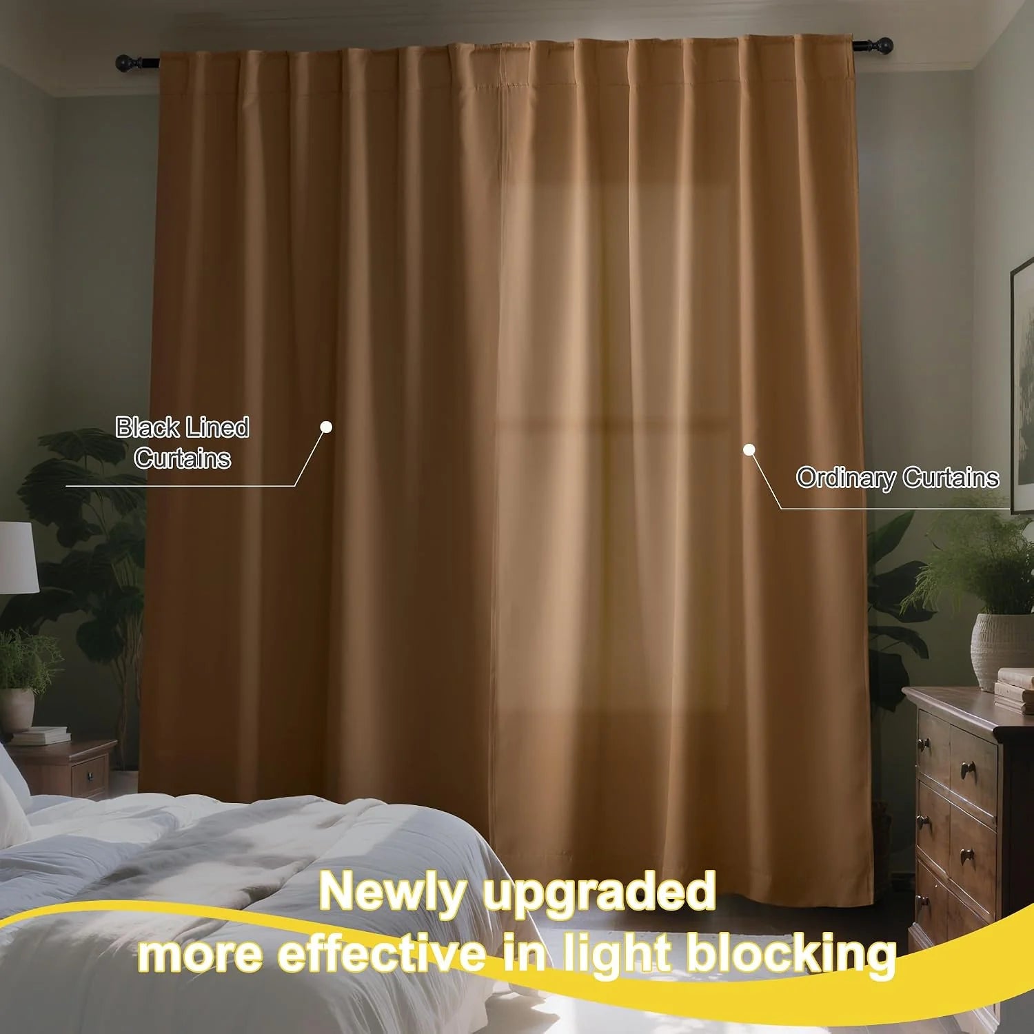 Brown black-lined blackout curtains in a bedroom, comparing stronger light blocking