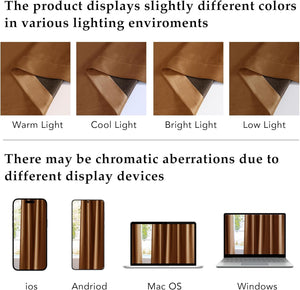 Warm brown curtain fabric swatch showing color variations under warm, cool, bright, and low light.