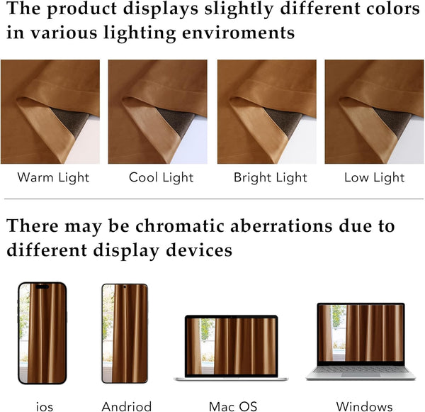Warm brown curtain fabric swatch showing color variations under warm, cool, bright, and low light.