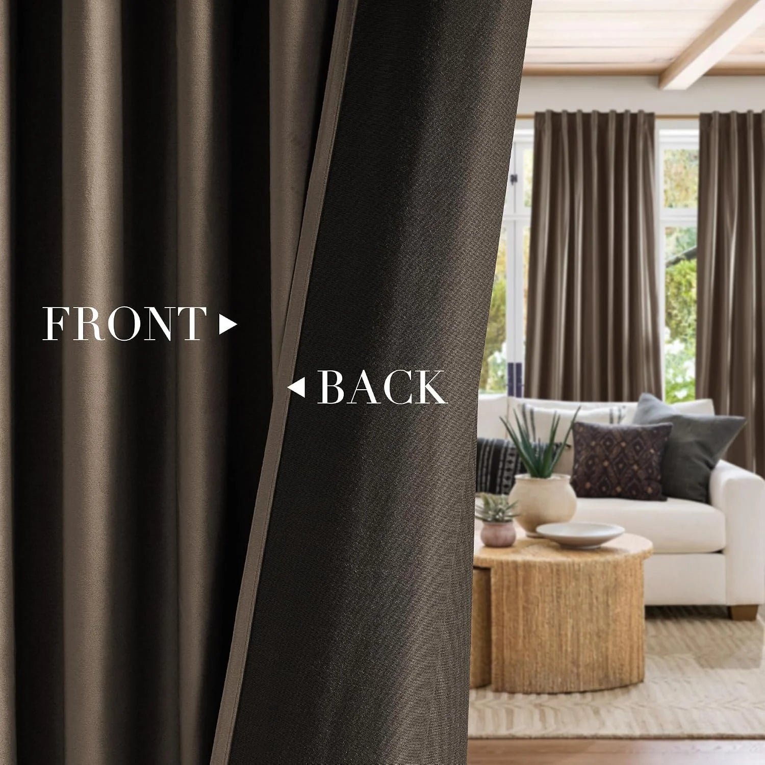Close-up of brown blackout curtain showing smooth front and textured back in living room