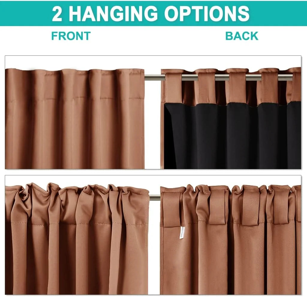Brown blackout curtain panel showing front and back hanging options on a rod