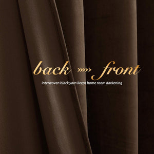 Close-up of brown blackout curtain fabric, featuring interwoven black yarn for effective room darkening.
