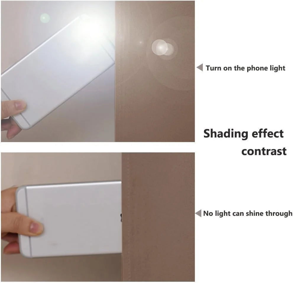 Brown blackout curtain panel blocking smartphone flashlight in side-by-side test