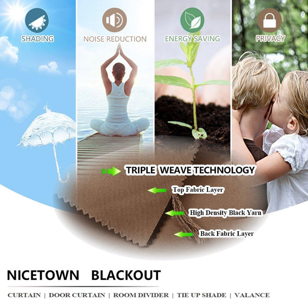 Brown blackout curtain fabric features triple weave layers. Icons illustrate shading, noise reduction, energy saving, and privacy.