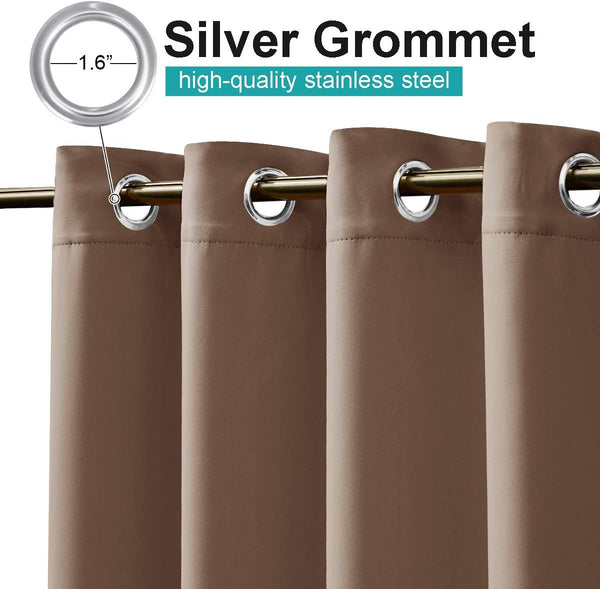 Brown blackout curtains with silver stainless steel grommet tops, 1.6-inch diameter, hanging.