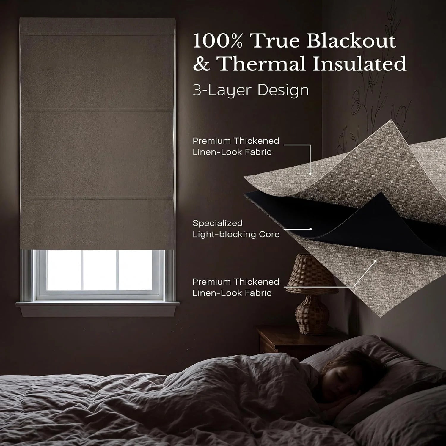 Brown linen-look blackout Roman shade in a dark bedroom with a sleeping child, showcasing its 3-layer design.