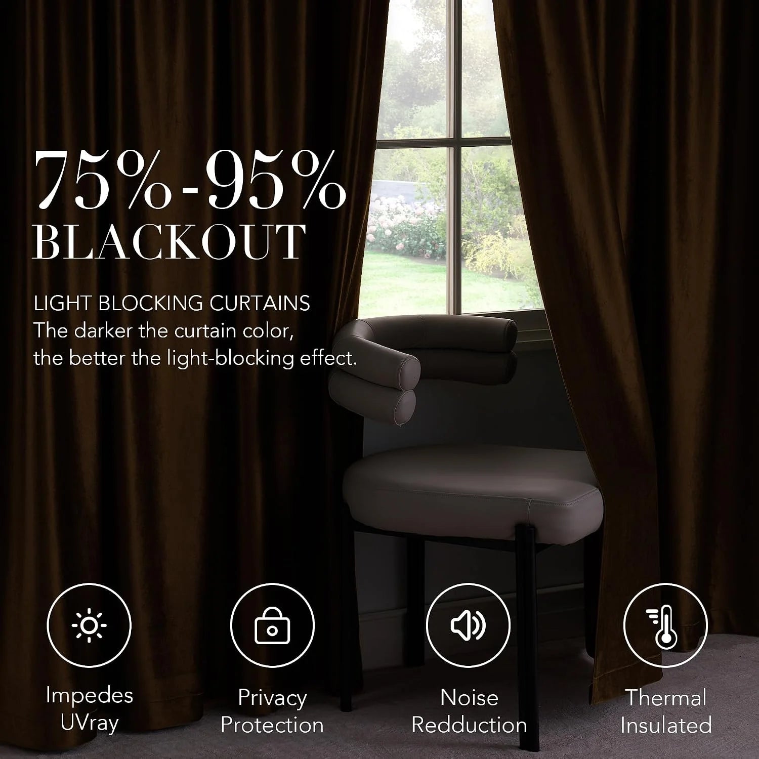 Dark brown blackout curtains framing a window with chair, promoting light blocking benefits