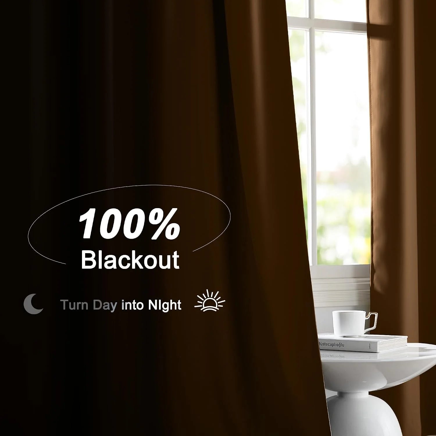 Brown blackout curtains beside a bright window with a white side table and mug