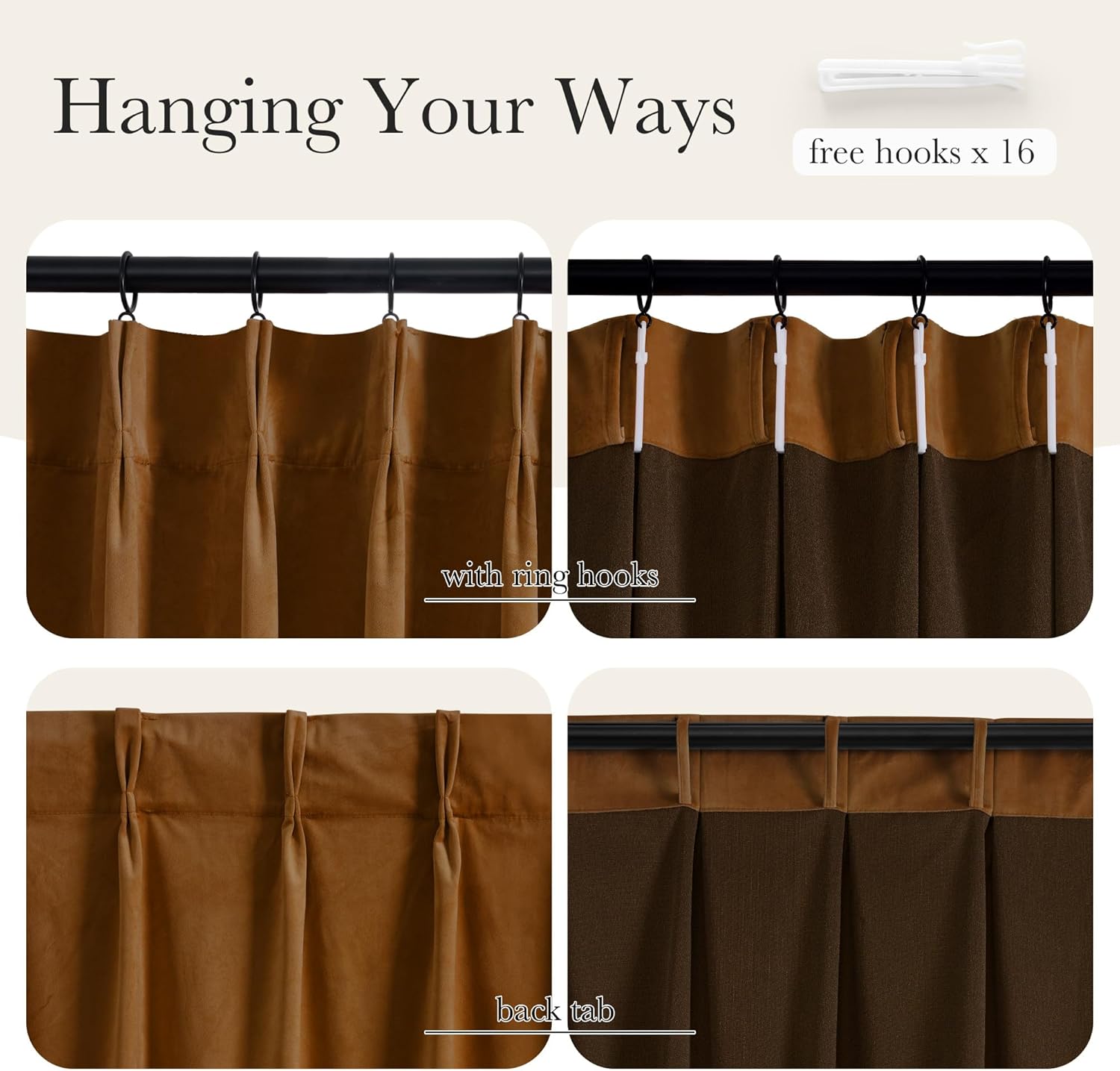Brown curtains demonstrating versatile hanging: ring hooks and back tabs. Features two-tone fabric.
