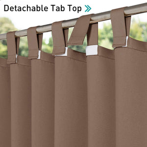 Brown curtains with detachable tab top, showing white hook-and-loop fasteners on a silver curtain rod.