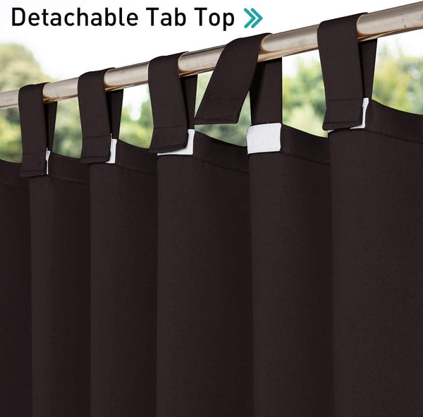 Dark brown detachable tab top curtains on a metallic rod. White fasteners visible. Green trees outside.