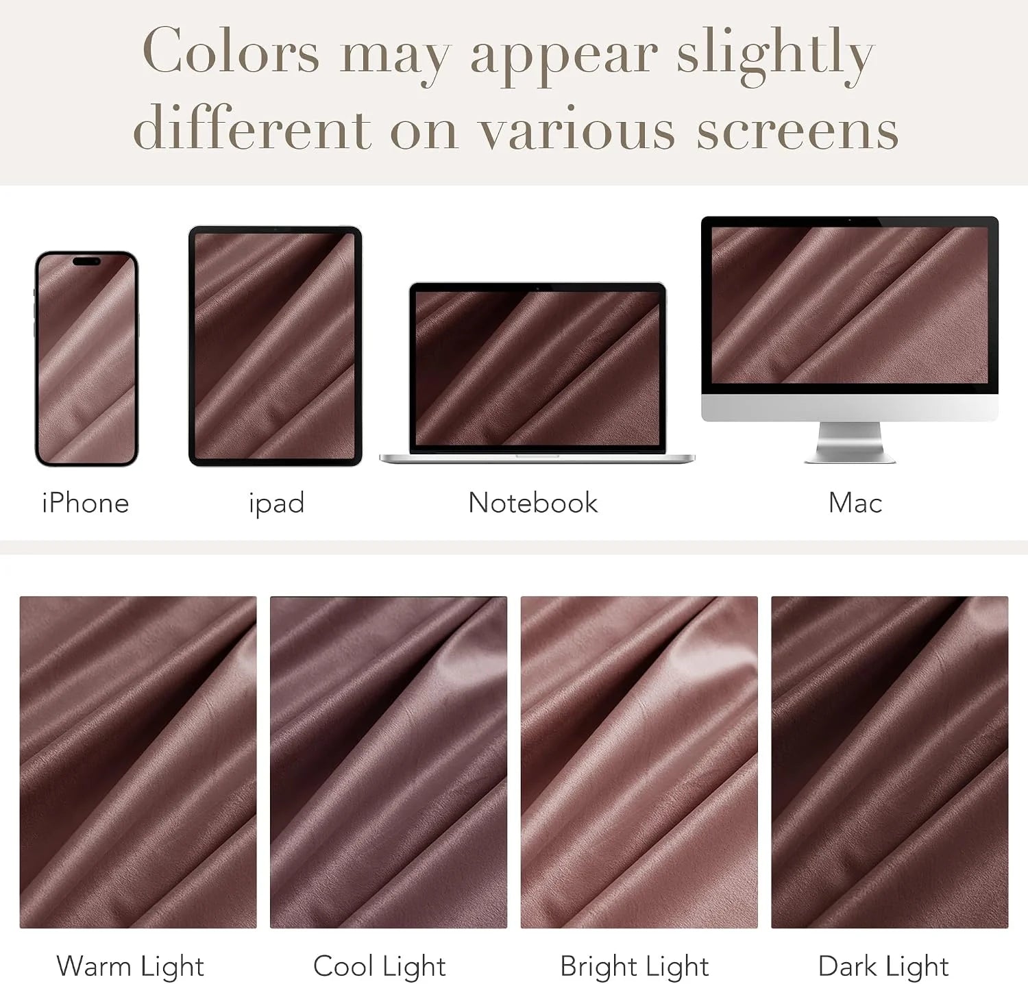 Brown satin-like fabric shown across phone, tablet, laptop, and monitor with light variations