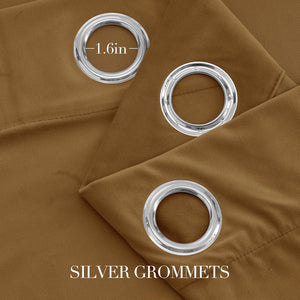 Close-up of brown fabric curtain with multiple silver grommets. Inner diameter of grommets measures 1.6 inches.