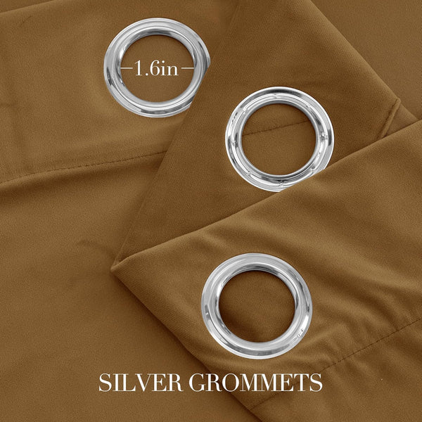 Close-up of brown fabric curtain with multiple silver grommets. Inner diameter of grommets measures 1.6 inches.