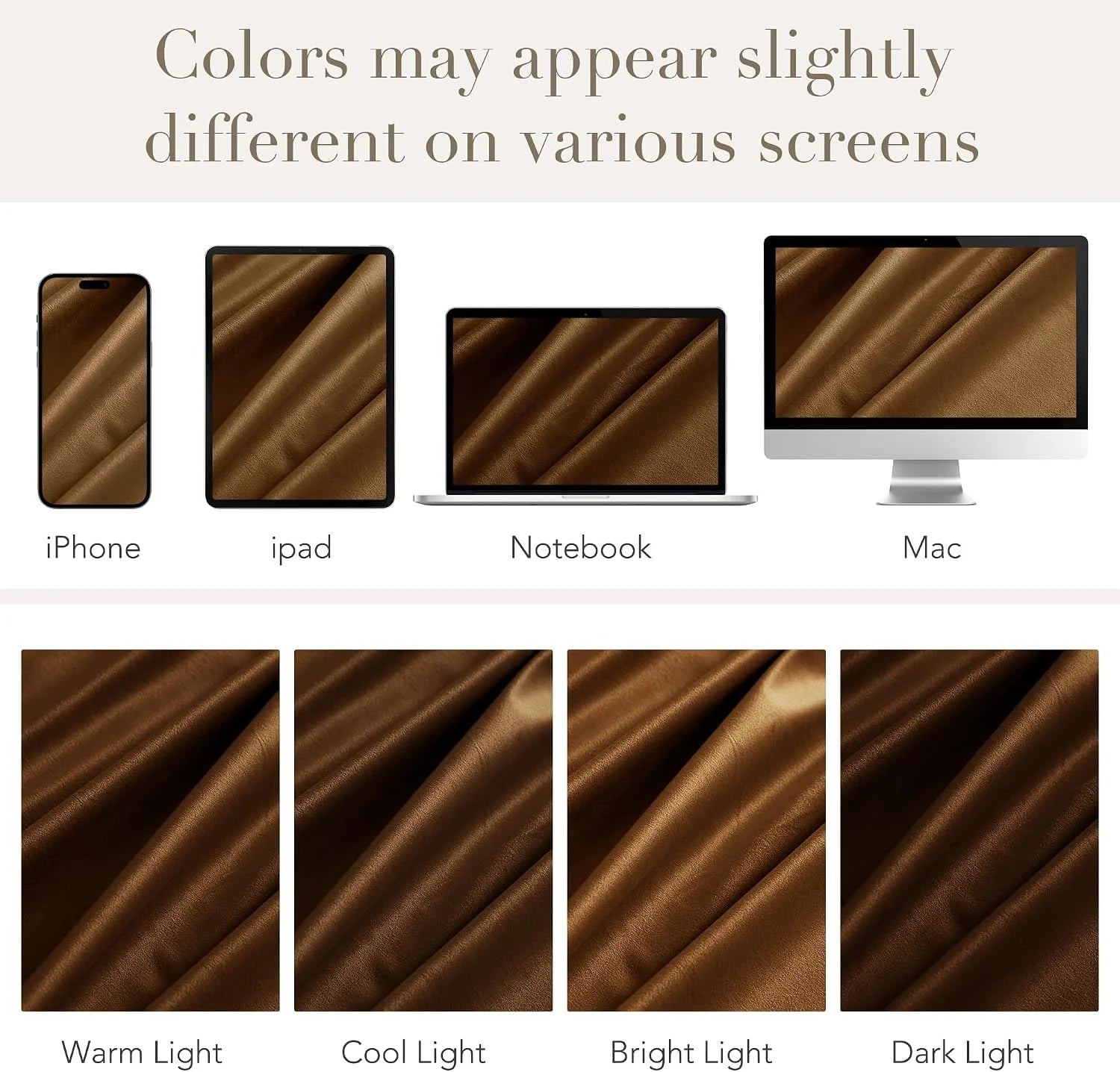 Brown faux leather swatch shown across phone, tablet, laptop and desktop screens