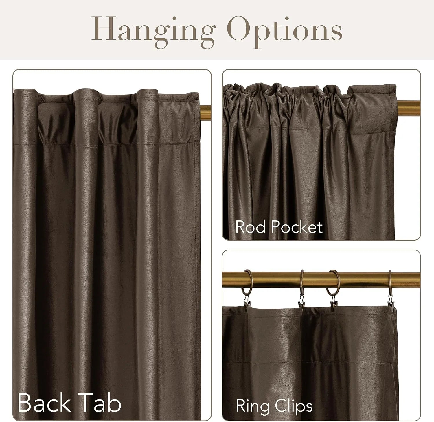 Brown faux leather curtain panel showing back tab, rod pocket, and ring clip hanging styles