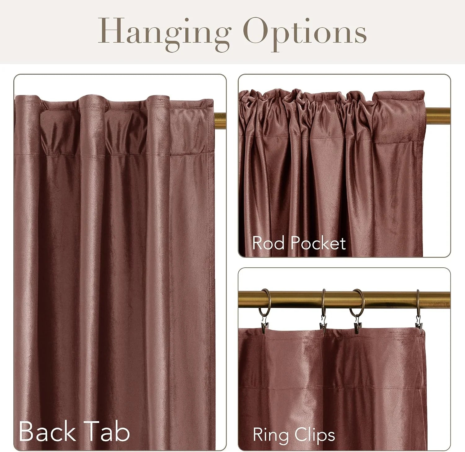 Brown faux silk curtain panel showing back tab, rod pocket, and ring clip hanging styles