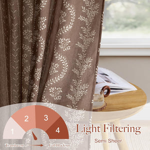 Textured brown curtain with white floral leaf pattern, offering semi-sheer light filtering for privacy.