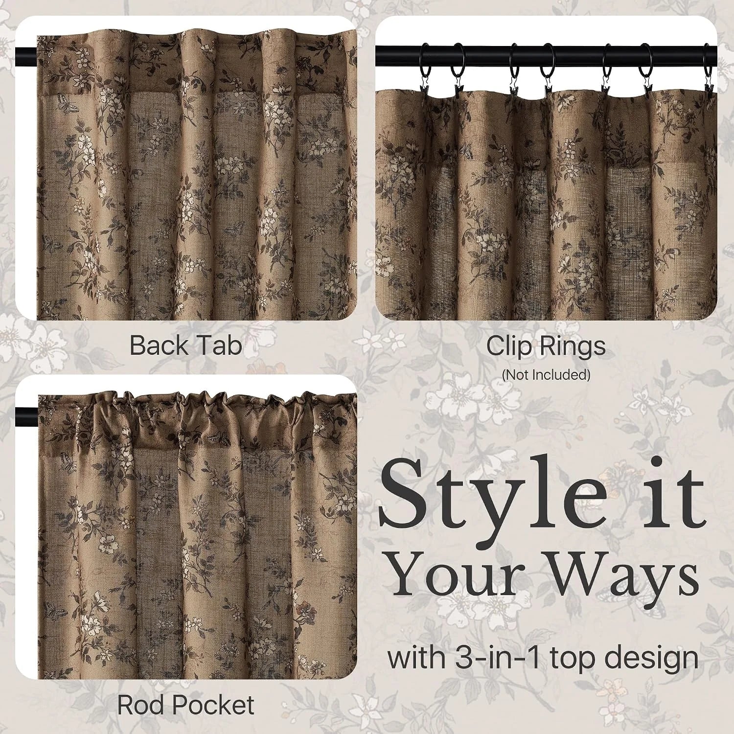 Brown floral curtain panel showing back tab, clip rings, and rod pocket header styles