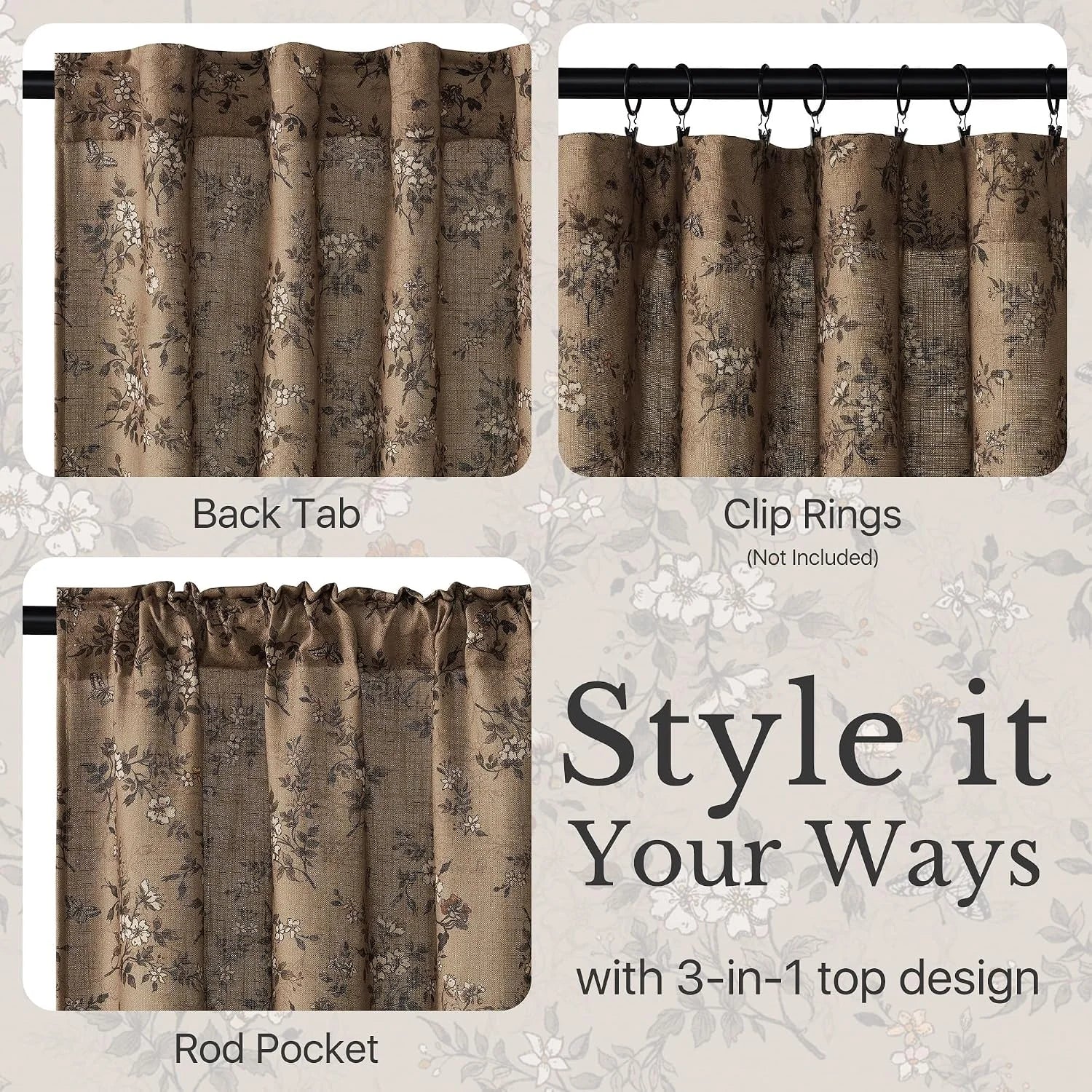 Brown floral linen-look curtain panel showing back tab, clip ring, and rod pocket styles