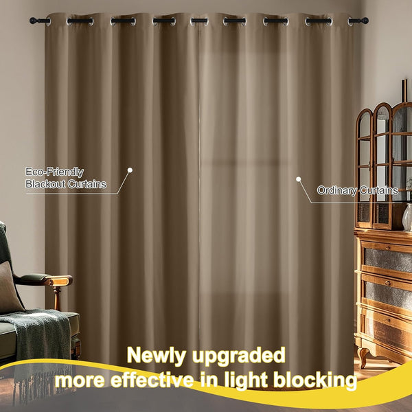 Brown blackout curtains with dark metal grommets on a rod, effectively blocking light for room darkening.
