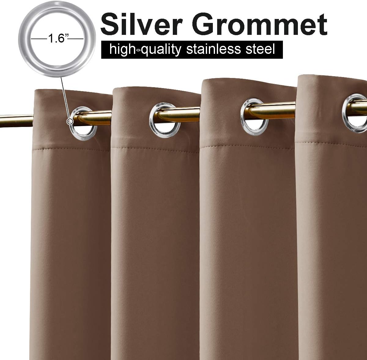 Brown room darkening drapes with 1.6 inch silver stainless steel grommets on gold rod.