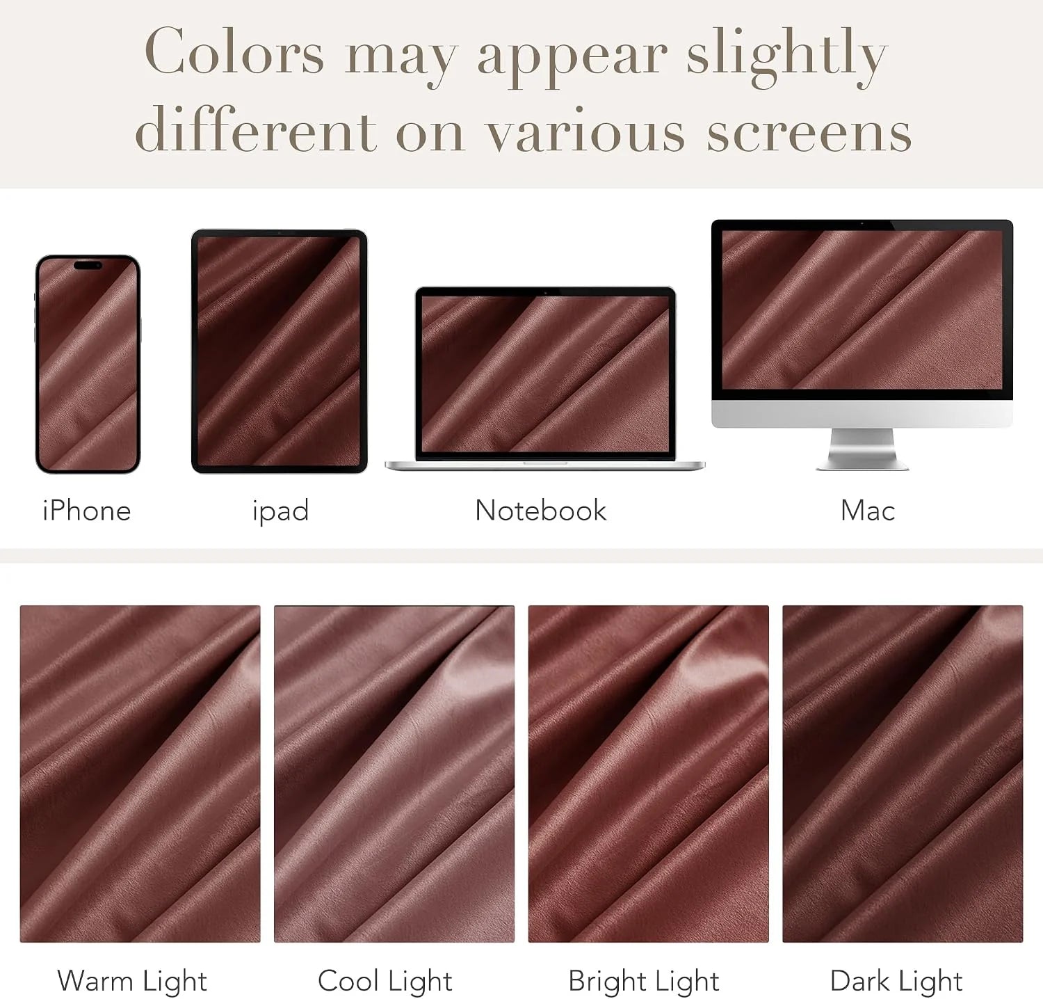 Brown leather texture shown across phone, tablet, laptop and desktop screens in different lighting