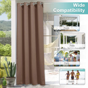 A single mocha brown outdoor grommet top curtain panel hangs on a patio, offering privacy and shade.