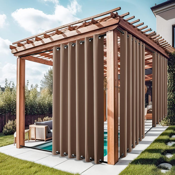 Weatherproof brown grommet curtains installed on a wooden pergola for outdoor privacy by a pool.