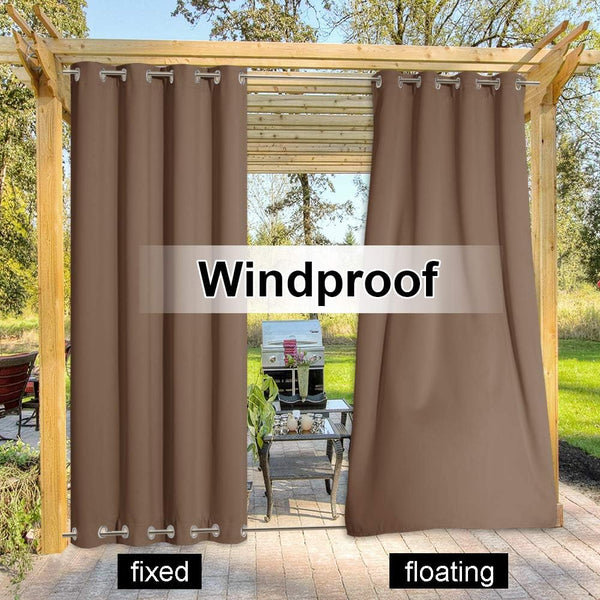 Brown windproof outdoor curtains with silver grommet tops hanging on a wooden pergola, demonstrating fixed and floating bottom options.
