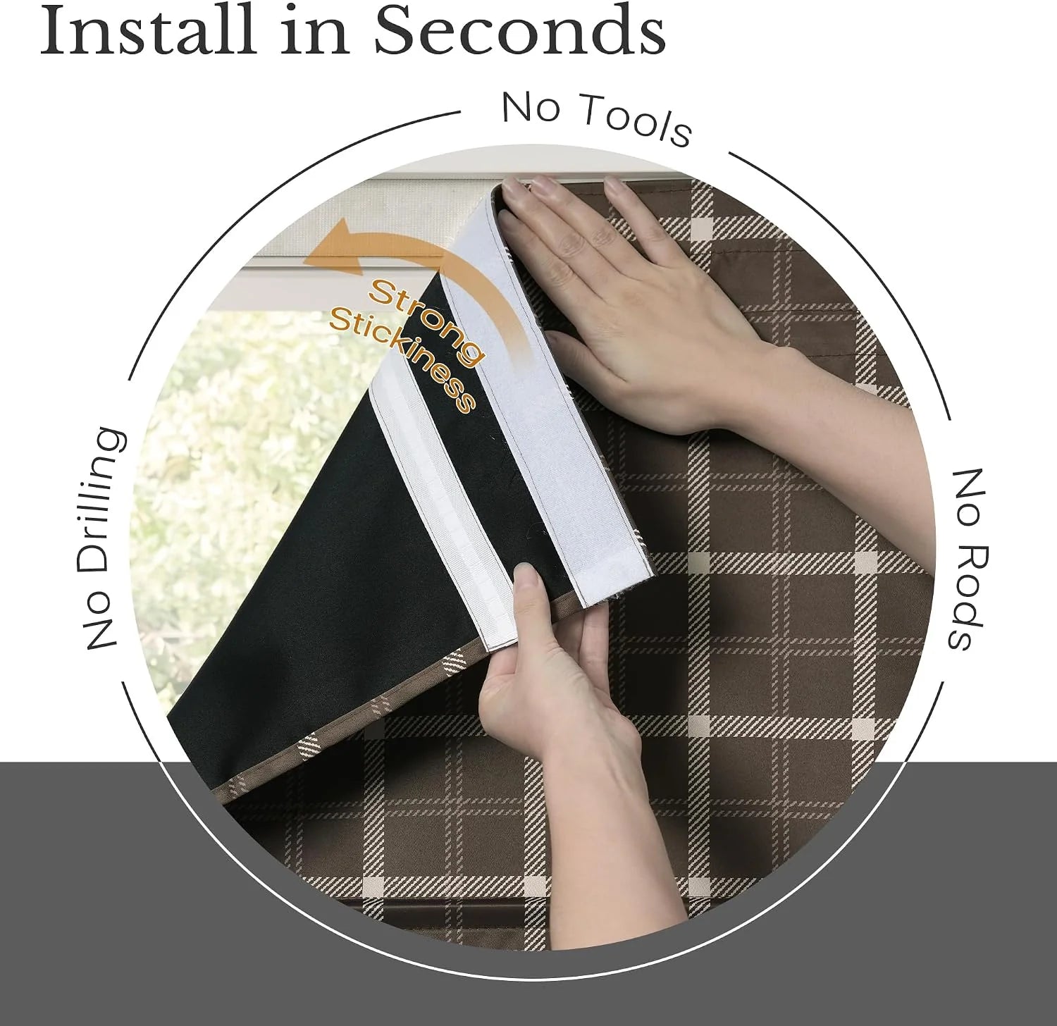 Hands installing a brown plaid adhesive blackout curtain on a window frame
