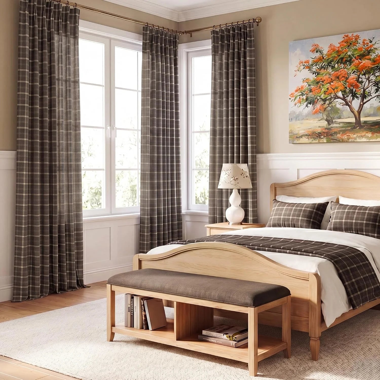 Brown plaid curtains on brass rods in a warm neutral bedroom with wood bed