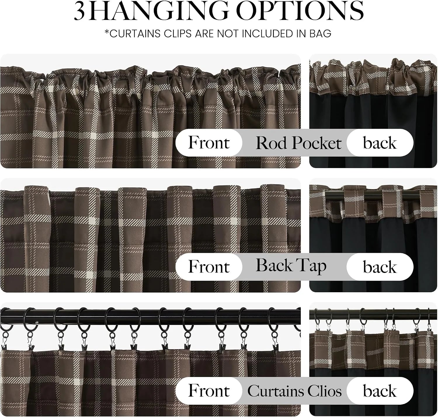 Brown plaid blackout curtain panel showing rod pocket, back tab, and clip hanging styles